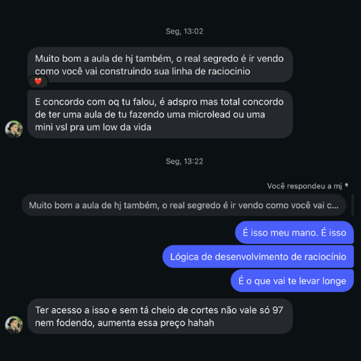 Depoimento via WhatsApp sobre resultados com a aula